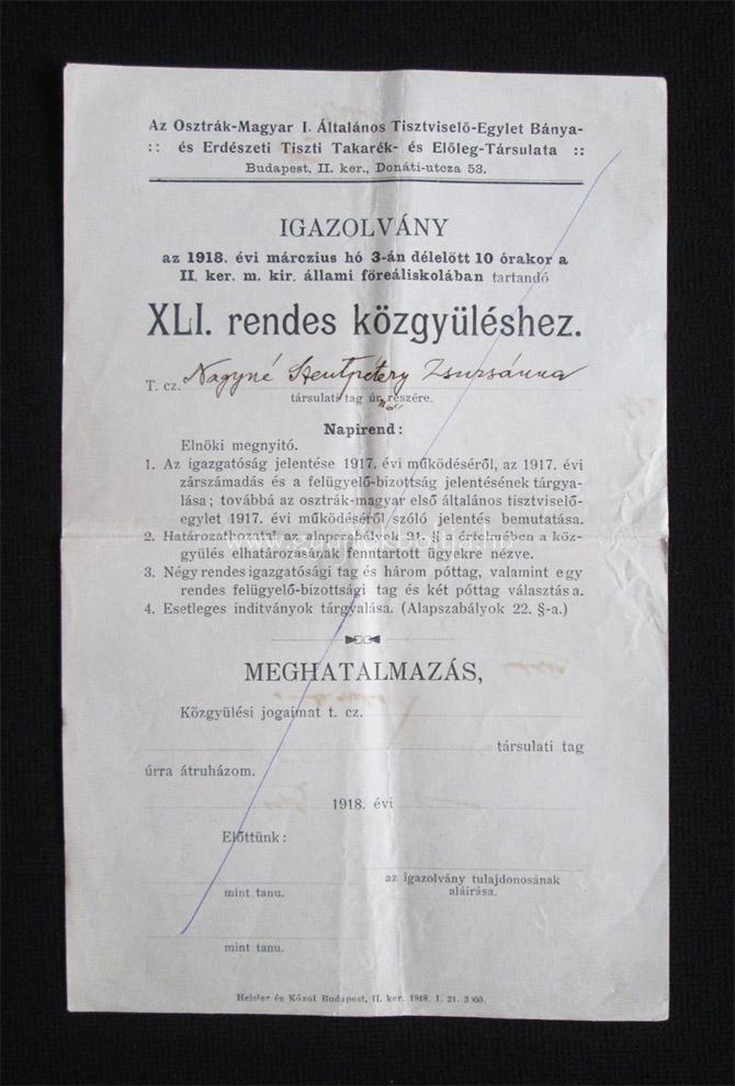 Osztrk-Magyar I. ltalnos Tisztvisel-Egylet igazolvny 1918